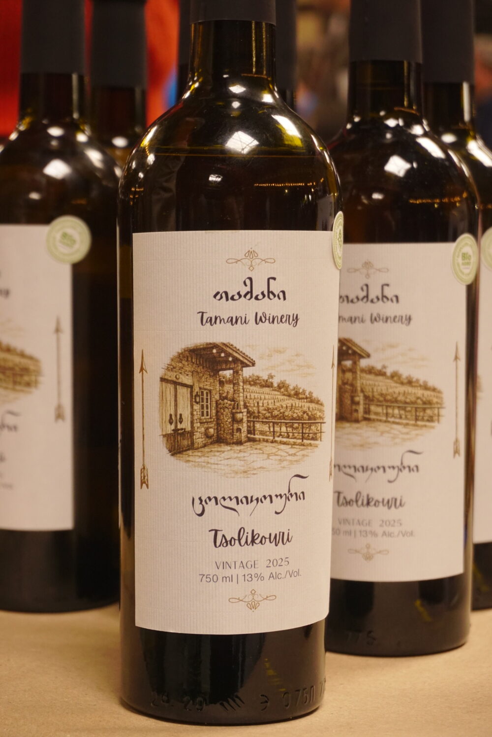 Close-up of the Tamani Estate Tsolikouri wine label